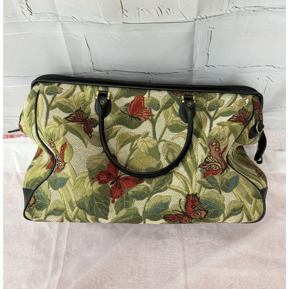 Vintage Bueno Butterfly Fabric Tapestry Weekender Duffle Bag Tote Large Travel